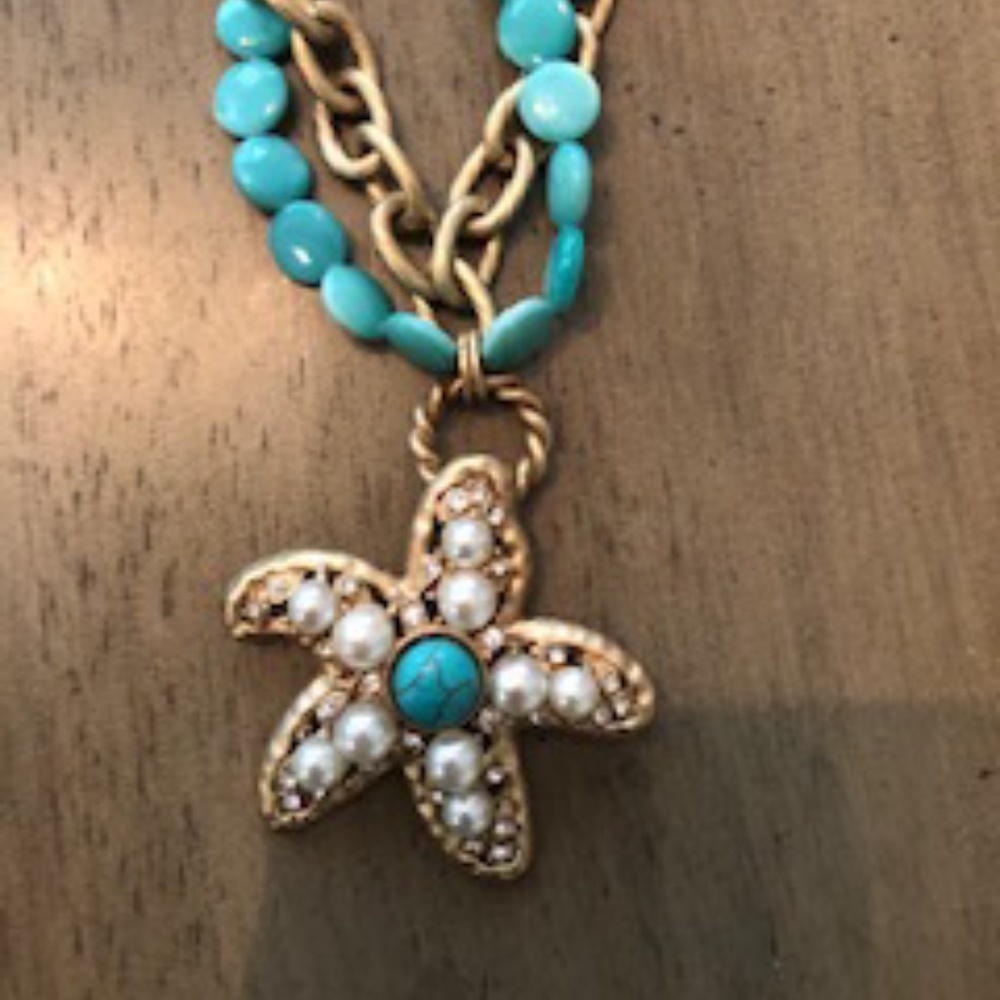 Starfish Gold, Pearl, and Turquoise Necklace